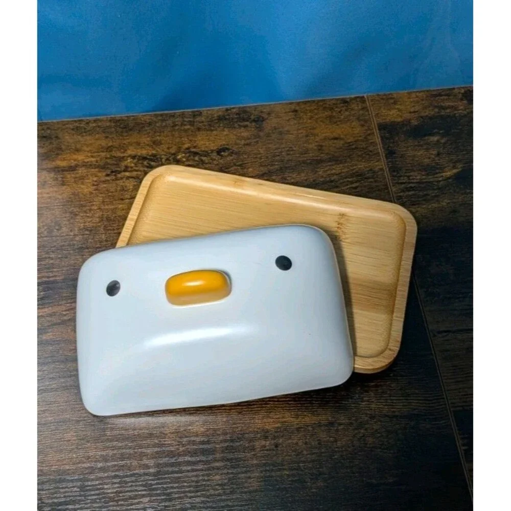 PURROOM Duck Butter Dish Countertop Bamboo Porcelain Lid Wooden Tray Storage